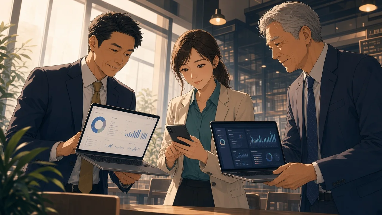 Three people comparing assistant results on laptops and a phone