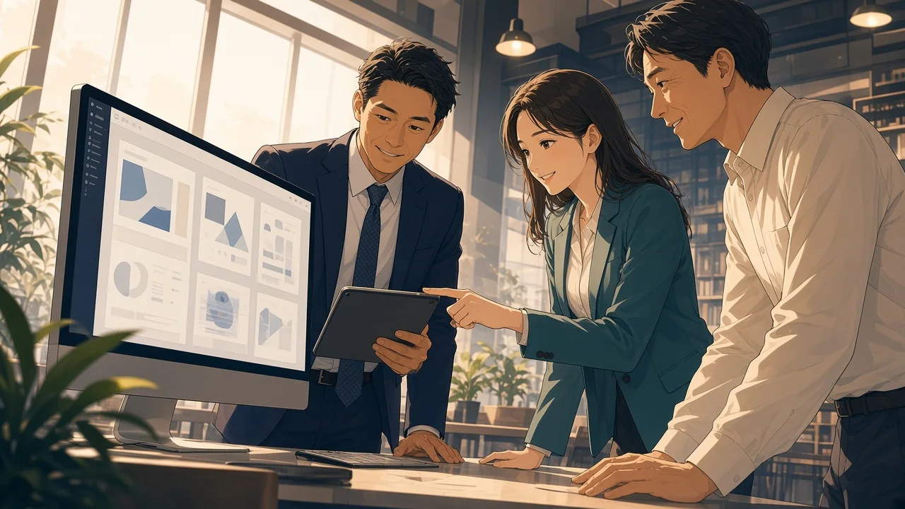 Three people comparing assistant options on a monitor