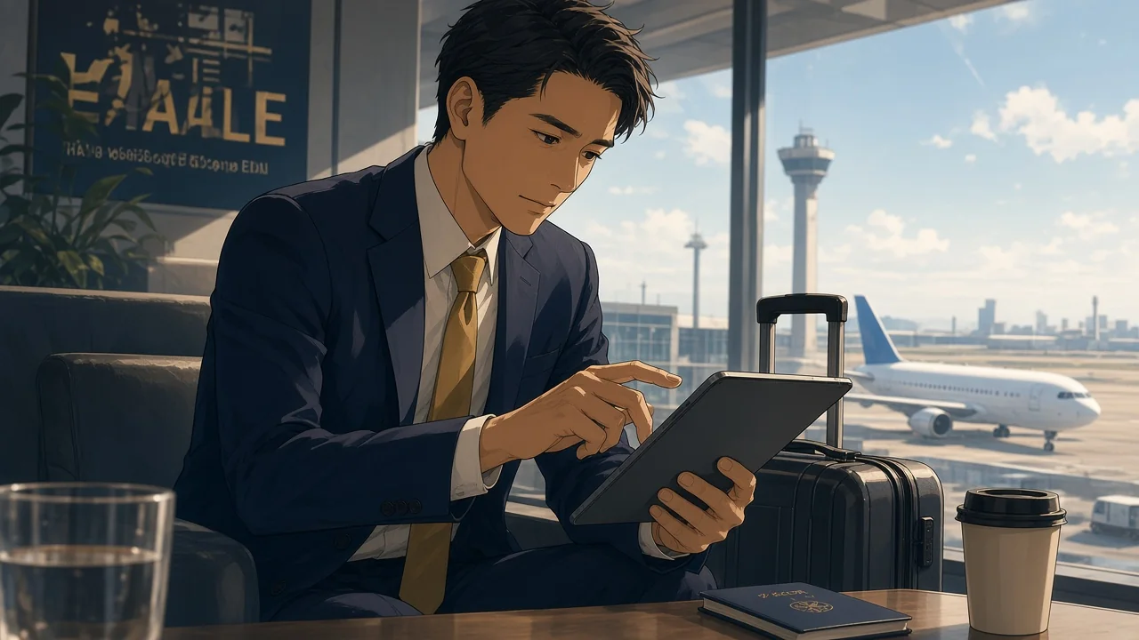 A traveller reviewing options beside luggage