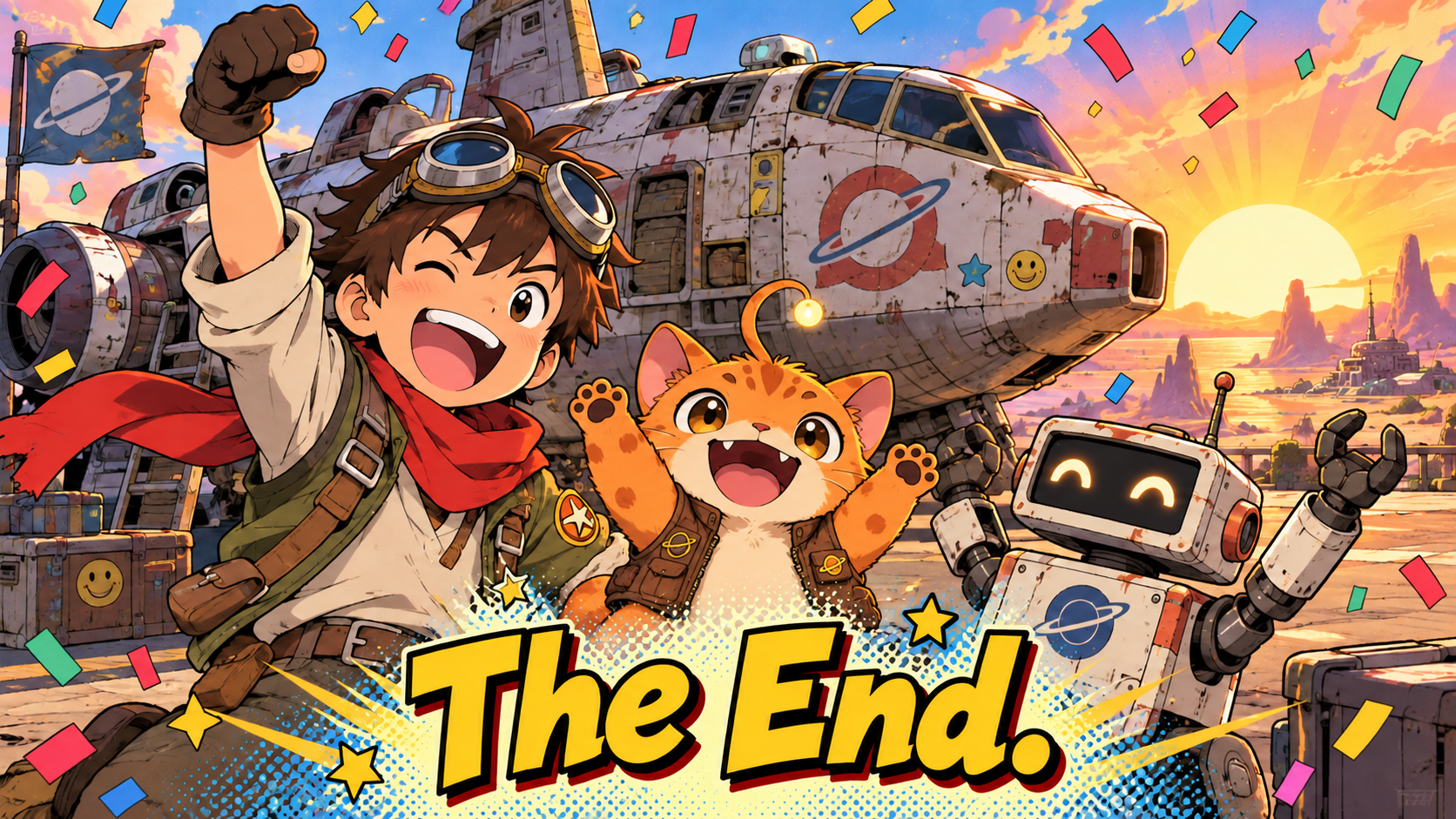A happy-ending image with all the characters, and The End.
